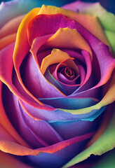 Macro shot of a rose with multicolored petals. Vibrant rainbow colors. Pride week.