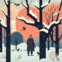 A woman walking through a winter landscape with snow on the trees, feeding birds