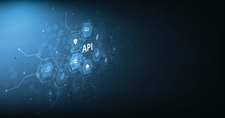 (API)Application Programming Interface concept. Software development tool, information technology, modern technology, internet and networking concept on dark blue background.