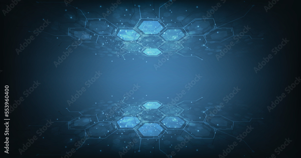 Poster hexagon geometry structure on blue background.bright blue hexagonal network on dark background. mode