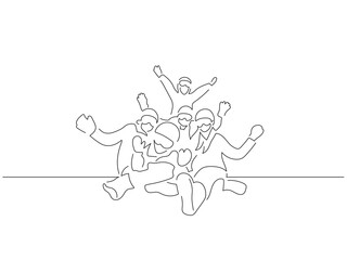 Group of people enjoying snow line art drawing style. Composition of a winter scene. Black linear sketch isolated on white background. Vector illustration design.