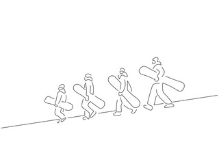 People holding a snow board in line art drawing style. Composition of a winter scene. Black linear sketch isolated on white background. Vector illustration design.