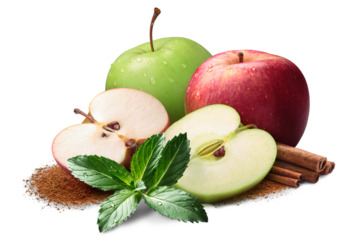 Red and green apples with cinnamon and mint isolated png