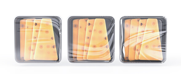 Black plastic trays with slices cheese top view 3d render. Realistic set packaging with transparent film and thin pieces of emmental, edam or gouda, swiss or dutch food with holes. 3D illustration
