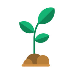 Fototapeta na wymiar Green seedling with leaves and soil. Abstract growing plant vector illustration. Spring sprout icon in flat design. Growing and gardening symbol.