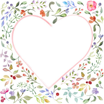 Heart frame of watercolor floral  with flowers  leaves, berries. Hand drawn illustration. Design for invitation, wedding or greeting cards.