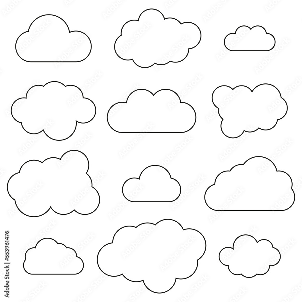 Poster clouds outlines in line art style. simple line frame set. vector illustration. stock image.