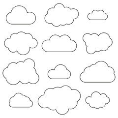 Clouds outlines in line art style. Simple line frame set. Vector illustration. stock image.