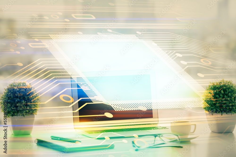 Poster Double exposure of table with computer on background and data theme drawing. Concept of innovation.