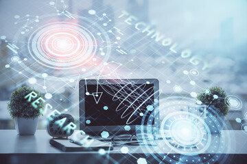 Double exposure of table with computer on background and data theme drawing. Concept of innovation.