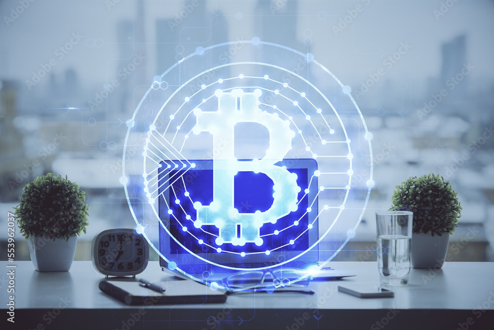 Poster double exposure of blockchain and crypto economy theme hologram and table with computer background. 