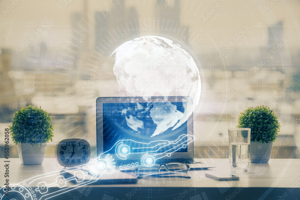 Poster Double exposure of desktop with computer and world map hologram. International data network concept.