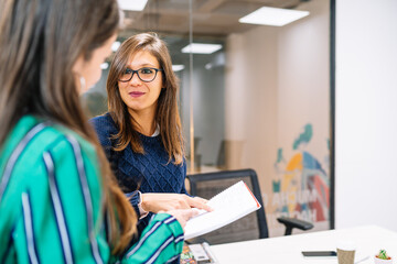 Young executive girl attending to her client in the meeting room or office. Enterprising woman.