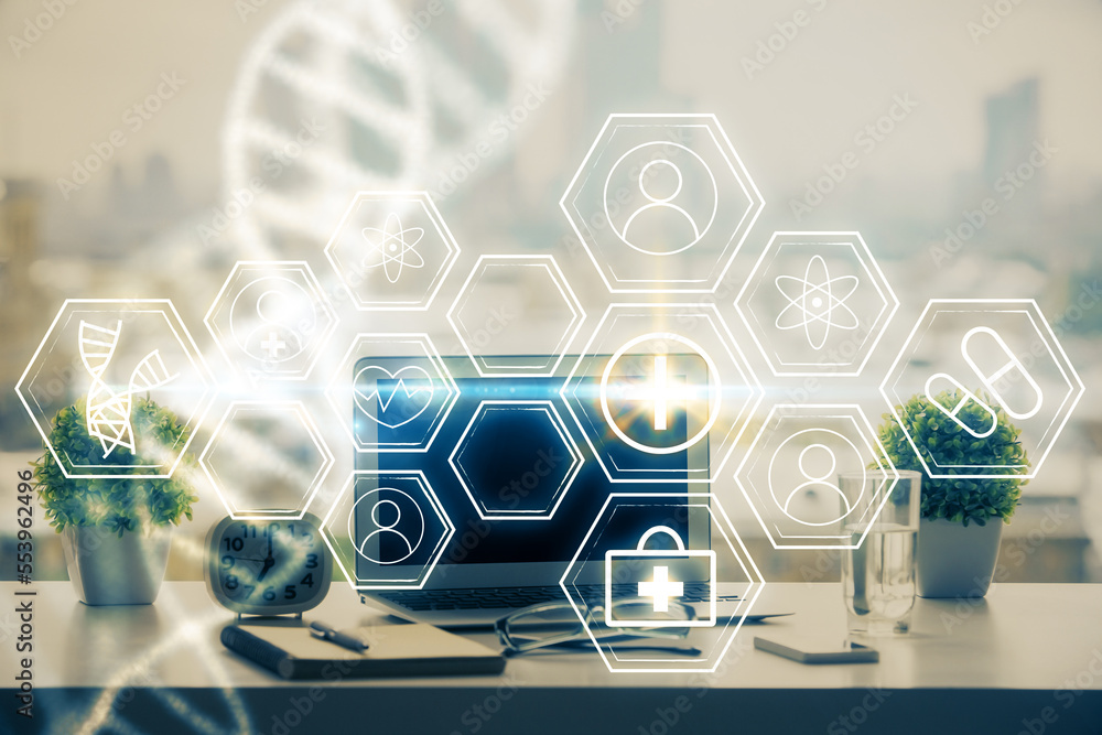 Poster desktop computer background and dna drawing. double exposure. science concept.