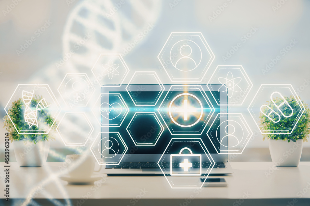 Poster desktop computer background and dna drawing. double exposure. science concept.