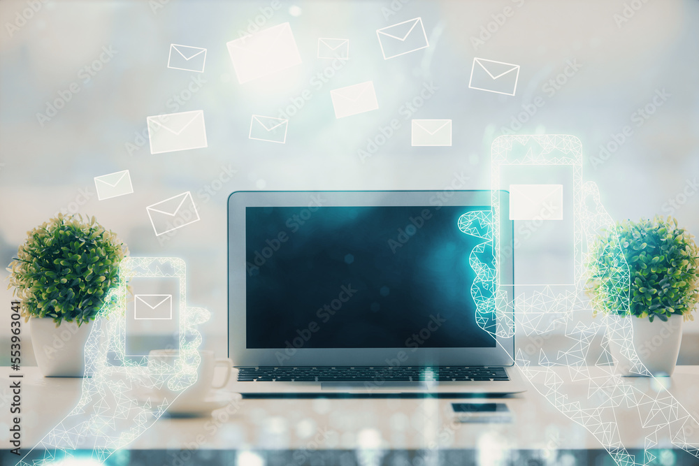 Poster Desktop computer background in office and flying envelops hologram drawing. Double exposure. Electronic mail concept.