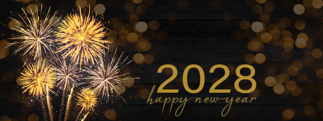 Sylvester, New Year's Eve, Happy new Year 2028 Party, Firework celebration background banner - Golden fireworks and bokeh lights on black wooden wall texture in the night - obrazy, fototapety, plakaty