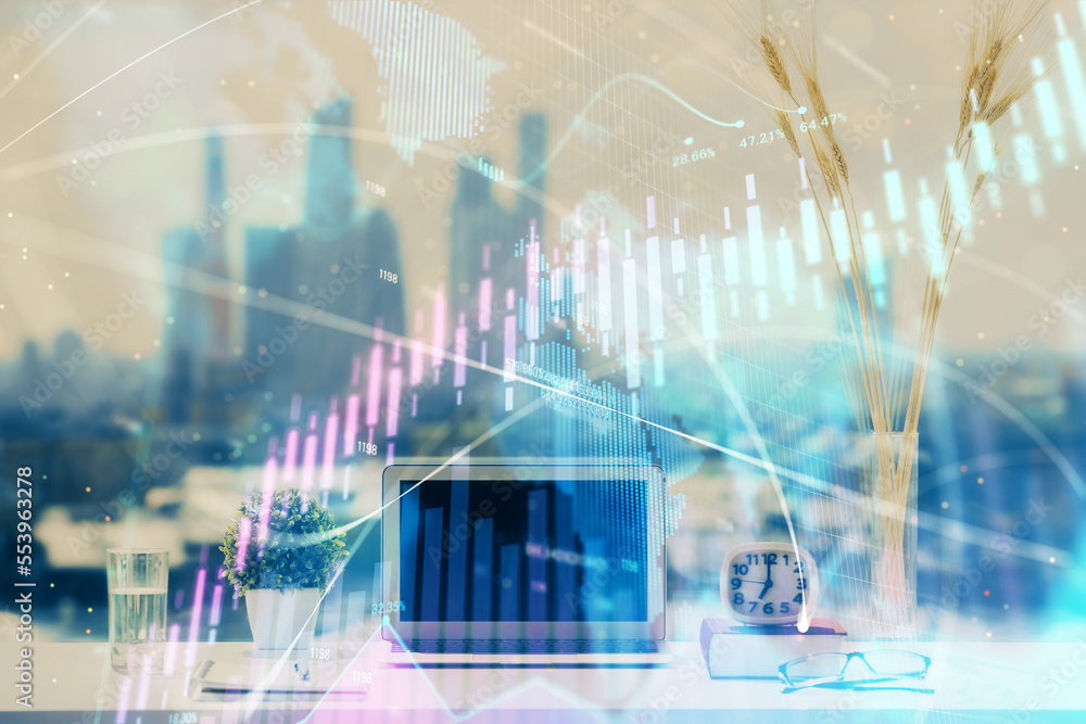 Aufkleber forex chart hologram on table with computer background. double exposure. concept of financial market