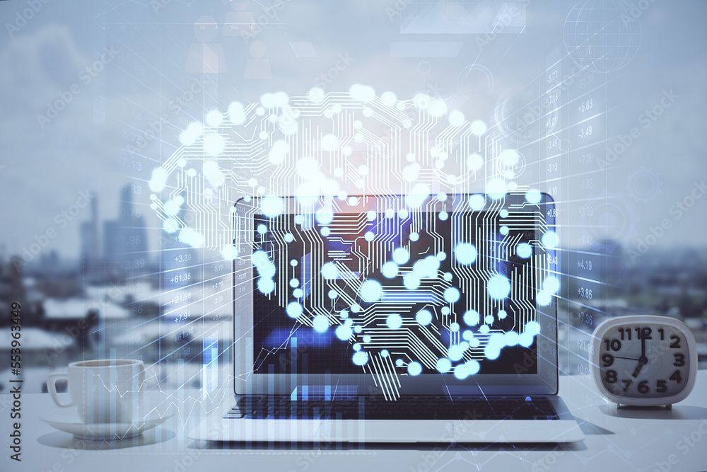 Aufkleber Double exposure of desktop with computer and brain drawing hologram. Artificial intelligence concept.