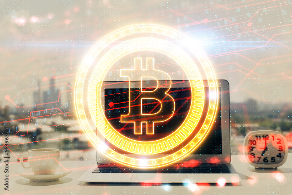 Aufkleber Double exposure of blockchain and crypto economy theme hologram and table with computer background. Concept of bitcoin cryptocurrency.