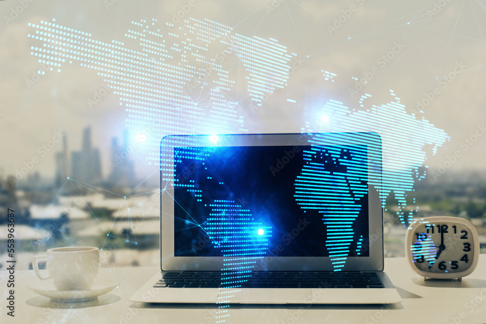 Poster computer on desktop with social network hologram. double exposure. concept of international people c