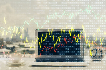 Forex Chart hologram on table with computer background. Double exposure. Concept of financial markets.