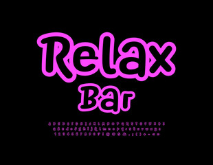 Vector creative emblem Relax Bar. Purple funny Font. Handwritten Alphabet Letters, Numbers and Symbols set
