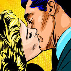 Passionate kiss, comic vector illustration. Man kissing a blond woman over sunny pop art rays background. Portrait of couple in love, retro style stylization of 50s 0f 20th century