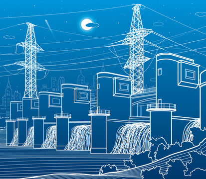 Hydro power plant. River Dam. Renewable energy sources. High voltage transmission systems. Electric pole. Power lines. City infrastructure industrial illustration. Vector design art