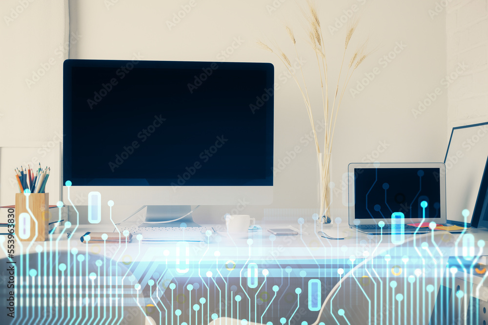 Poster Double exposure of desktop with personal computer on background and tech theme drawing. Concept of Bigdata.