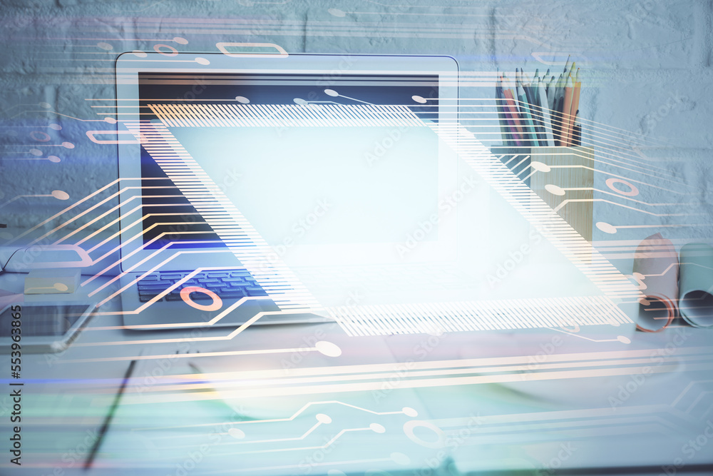 Poster Double exposure of desktop with personal computer on background and tech theme drawing. Concept of Bigdata.