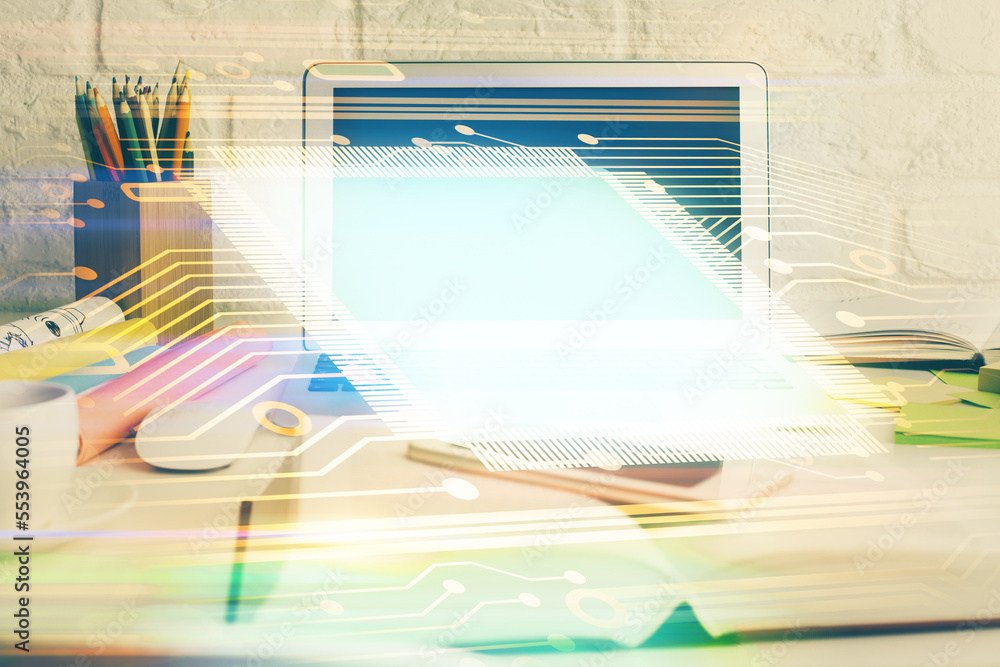 Aufkleber Multi exposure of desktop computer and technology theme hologram. Concept of software development.