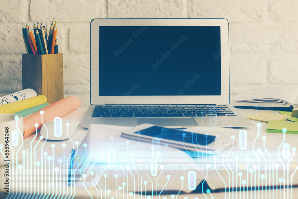 Poster Multi exposure of desktop computer and technology theme hologram. Concept of software development.