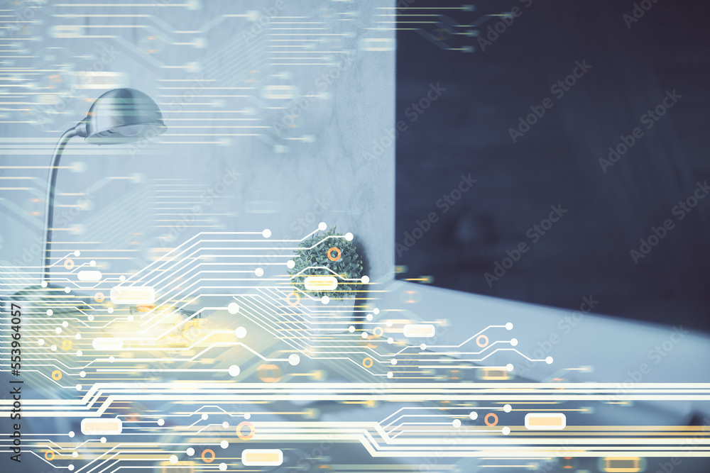 Poster Double exposure of desktop computer and technology theme hologram. Concept of software development.