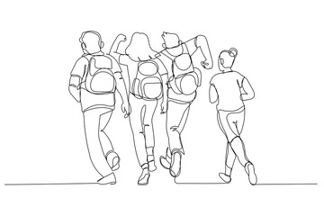 Cartoon of rear view of school people running outside. One line art style