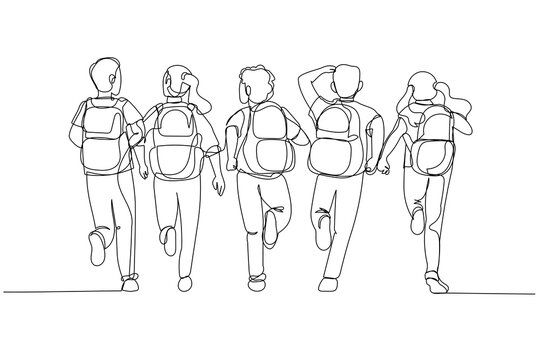 Cartoon of school kids with backpack run to school. Rear view. Single line art style