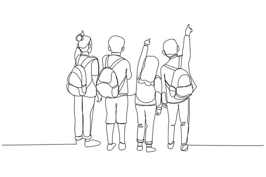 Cartoon of back view of multiethnic children with backpacks pointing at copy space. One line style art