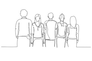 Drawing of group of young people standing look from the back. Continuous line art style
