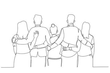 Cartoon of back rear view of young people stand in row hold hands hugging unity. One line style art