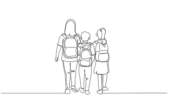 Cartoon of primary school girls in casual clothes walking cross a simple suspension. One line art style