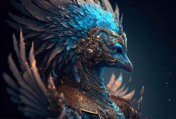 Wonderful humanoid blue bird creature with epic feather, illustration. Steampunk style, strong color.