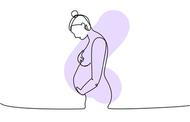 Pregnant woman holding her belly one line art with colorful elements. Continuous line drawing of pregnancy, motherhood, preparation for childbirth, preparation for motherhood, tenderness.