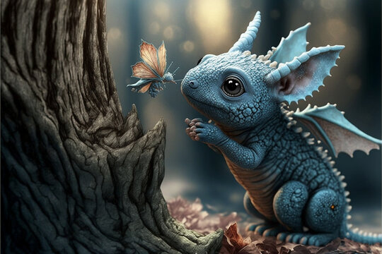 baby dragon in snow playing with a butterfly