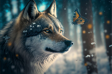 wolf in snow playing with a butterfly