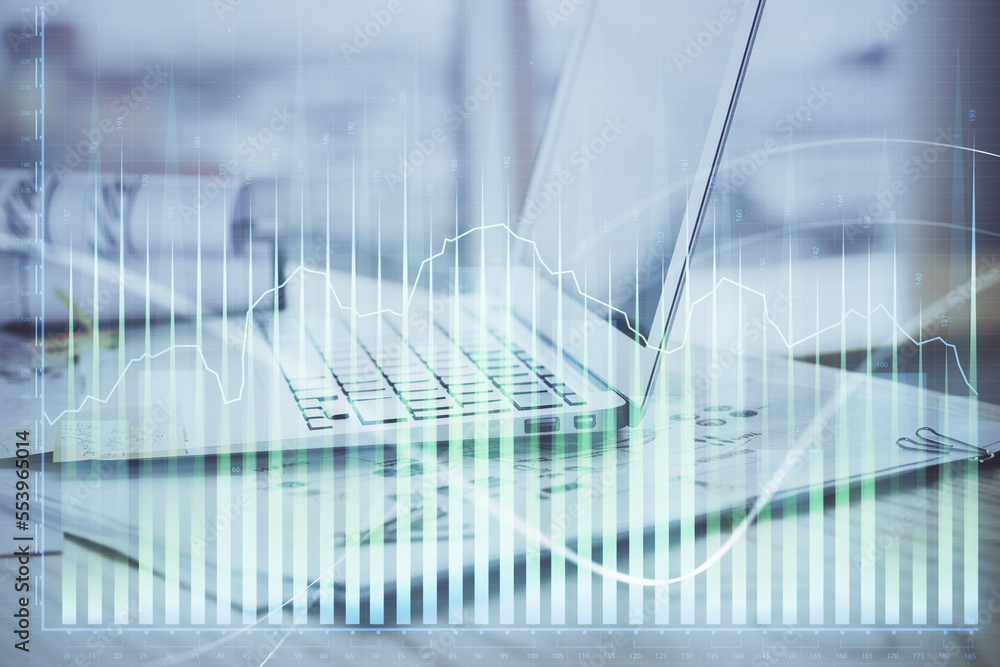 Poster forex chart hologram on table with computer background. double exposure. concept of financial market