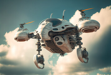 Fototapeta na wymiar drone or surveillance robot flying in a clear sky. Generative AI