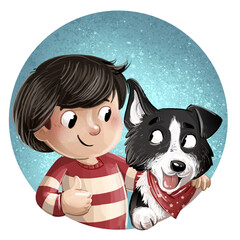 Illustration of a boy with his border collie dog