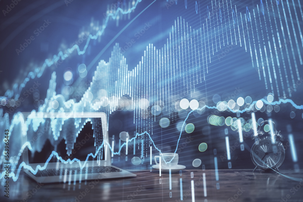 Aufkleber forex chart hologram on table with computer background. double exposure. concept of financial market