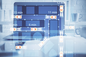 Desktop computer background in office with automobile hologram drawing. Multi exposure. Tech...