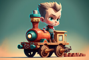 Little boy adolescent character mascot in a cartoon with a bright child's wooden train engine. Generative AI